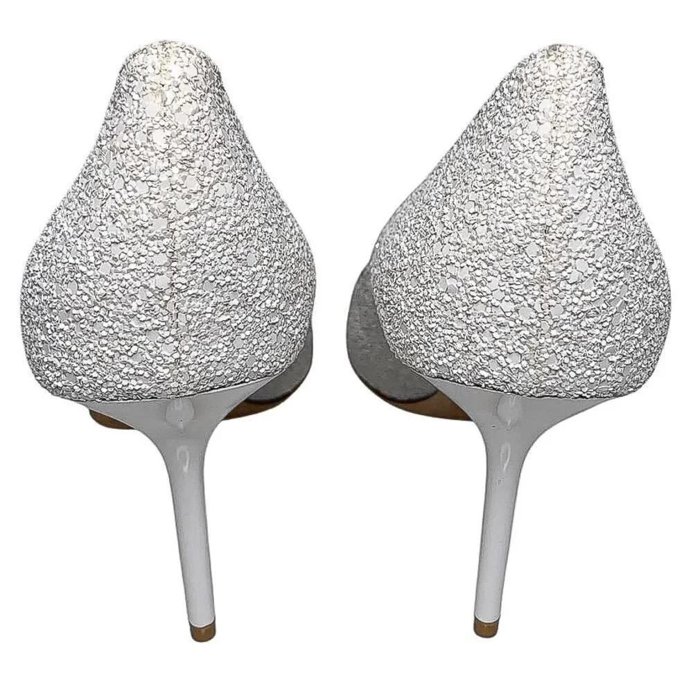Jimmy Choo Love 85 White Coarse Glitter Heels EU 40.5 Slip On Wedding Pumps